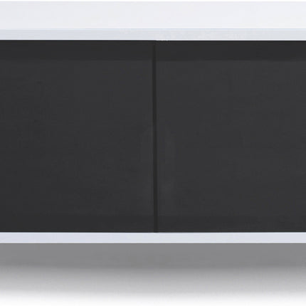 MDA Designs CORVUS Corner-Friendly Gloss White Contemporary Cabinet with Oak Profiles Black BeamThru Glass Doors Suitable for Flat Screen TVs up to 50"