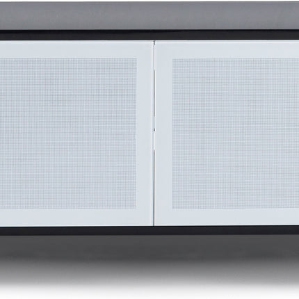 MDA Designs CORVUS Corner-Friendly Gloss Black Contemporary Cabinet with White Profiles White BeamThru Glass Doors Suitable for Flat Screen TVs up to 50"