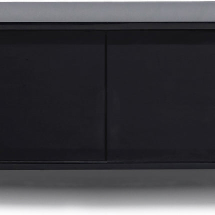 MDA Designs CORVUS Corner-Friendly Gloss Black Contemporary Cabinet with Walnut Profiles Black BeamThru Glass Doors Suitable for Flat Screen TVs up to 50"