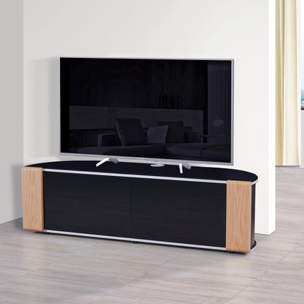 MDA Designs Sirius 1600 TV Cabinet Gloss Black Stand with BEAMTHRU Remote-Friendly Glass Door, Walnut/Oak Trims, Cable Management and Storage for LED, LCD, OLED & Plasma TVs up to 70” TV Unit