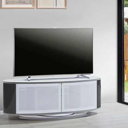 MDA Designs LUNA Gloss White Oval Cabinet with Black Profiles and White BeamThru Glass Doors Suitable for Flat Screen TVs up to 50"