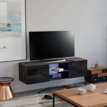 MDA Designs Ara Black Modern TV Cabinet for Flat TV Screens of up to 65” Entertainment Unit with Built-in Blue LED Lights