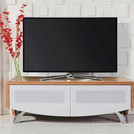 MDA Designs WAVE 1200 Oak with White Glass Hybrid BeamThru Remote-Friendly up to 60" Flat Screen Tv Cabinet