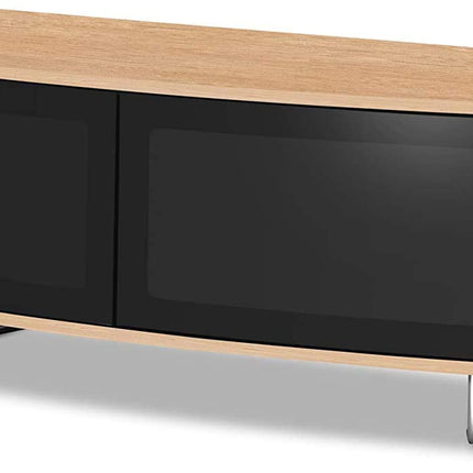 Centurion Supports Caru Gloss Black and Oak Beam-Thru Remote Friendly Super-Contemporary "D" Shape Design 32"-65" LED/OLED/LCD TV Cabinet - Grade A