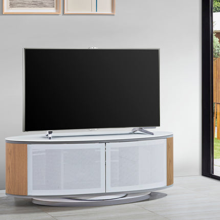 MDA Designs LUNA Gloss White Oval Cabinet with Oak Profiles White BeamThru Glass Doors Suitable for Flat Screen TVs up to 50"