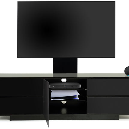 Centurion Supports AVITUS ULTRA Gloss Black Remote Friendly BeamThru Door with 4-Drawers up to 65" Flat Screen TV Cabinet with Mounting Arm