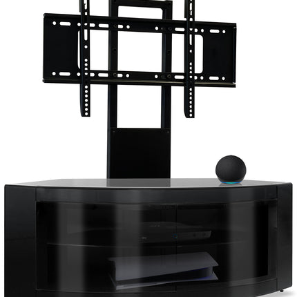 Centurion Supports PANGEA Gloss Black Beam-Thru Curved True-Corner 32"-50" TV Cabinet with Mounting Arm