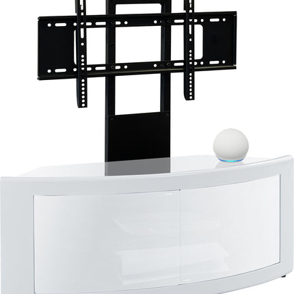 Centurion Supports PANGEA Gloss White Beam-Thru Curved True-Corner 32"-50" TV Cabinet with Mounting Arm