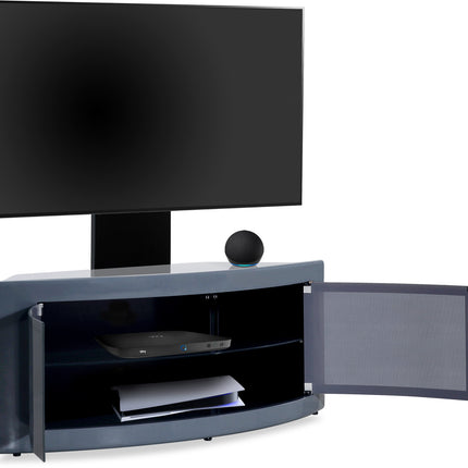 Centurion Supports PANGEA Grey Beam-Thru Curved True-Corner 32"-50" TV Cabinet with Mounting Arm