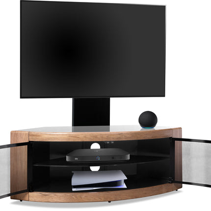 Centurion Supports PANGEA Black/Oak Beam-Thru Curved True-Corner 32"-50" TV Cabinet with Mounting Arm