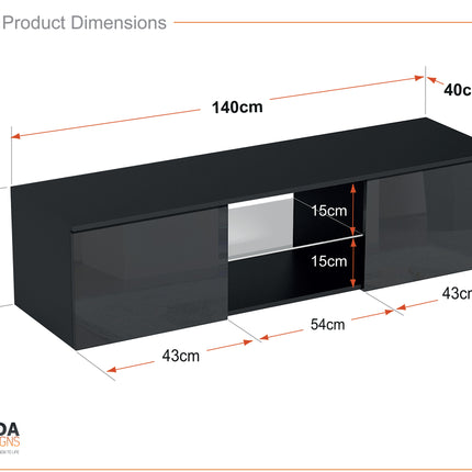 MDA Designs Ara Black Modern TV Cabinet for Flat TV Screens of up to 65” Entertainment Unit with Built-in Blue LED Lights