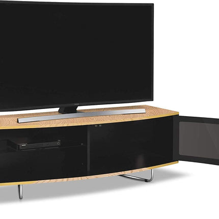 Centurion Supports Caru Gloss Black and Oak Beam-Thru Remote Friendly Super-Contemporary "D" Shape Design 32"-65" LED/OLED/LCD TV Cabinet - Grade A