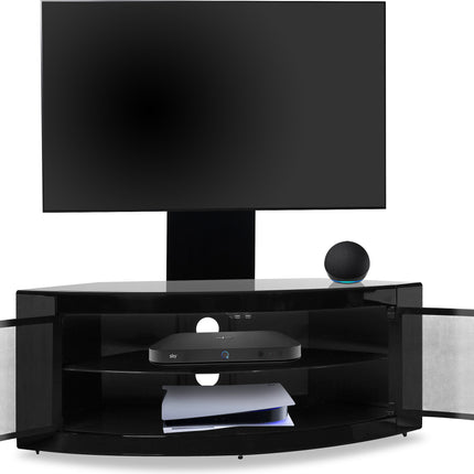 Centurion Supports PANGEA Gloss Black Beam-Thru Curved True-Corner 32"-50" TV Cabinet with Mounting Arm