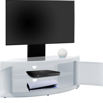 Centurion Supports PANGEA Gloss White Beam-Thru Curved True-Corner 32"-50" TV Cabinet with Mounting Arm