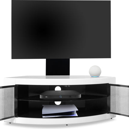 Centurion Supports PANGEA Black/White Beam-Thru Curved True-Corner 32"-50" TV Cabinet with Mounting Arm