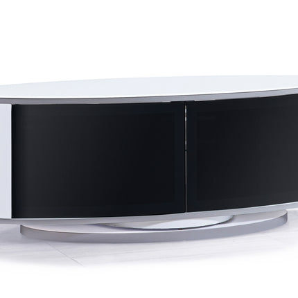 MDA Designs LUNA Gloss White Oval Cabinet with White Profiles Black BeamThru Glass Doors Suitable for Flat Screen TVs up to 50"