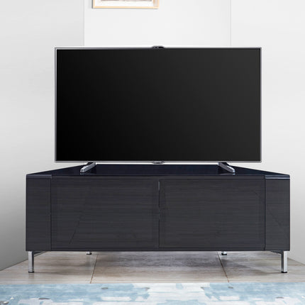 MDA Designs CORVUS Corner-Friendly Gloss Black Contemporary Cabinet with Black Profiles Black BeamThru Glass Doors Suitable for Flat Screen TVs up to 50"