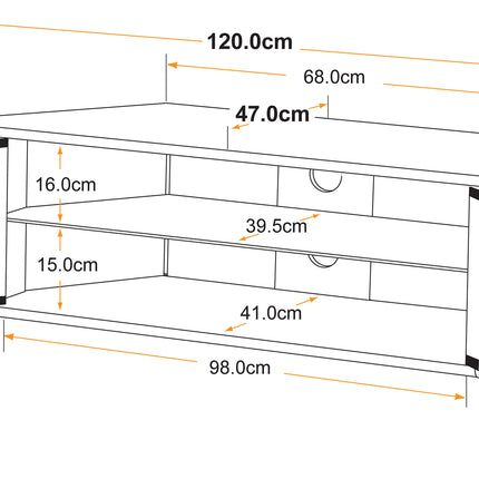 MDA Designs CORVUS Corner-Friendly Gloss White Contemporary Cabinet with Oak Profiles Black BeamThru Glass Doors Suitable for Flat Screen TVs up to 50"