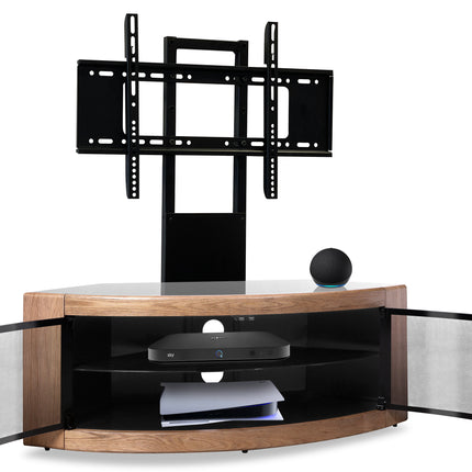 Centurion Supports PANGEA Black/Oak Beam-Thru Curved True-Corner 32"-50" TV Cabinet with Mounting Arm