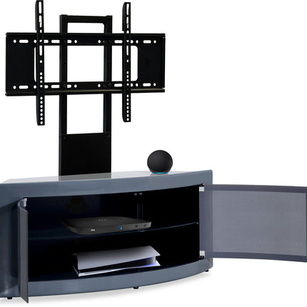 Centurion Supports PANGEA Grey Beam-Thru Curved True-Corner 32"-50" TV Cabinet with Mounting Arm