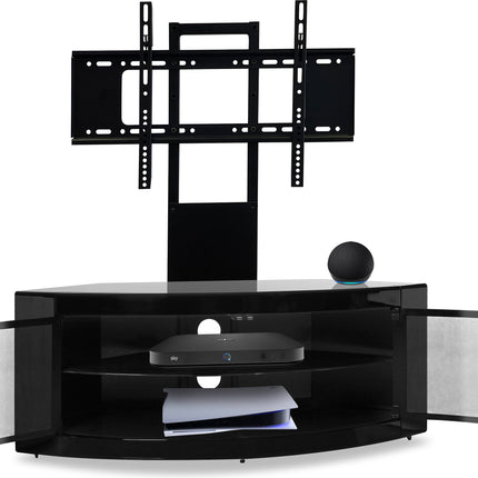 Centurion Supports PANGEA Gloss Black Beam-Thru Curved True-Corner 32"-50" TV Cabinet with Mounting Arm