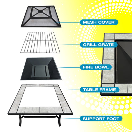 Centurion Supports SHANGO Premium Multi-Functional Black with Ceramic Tiles Outdoor Garden and Patio Square Heater Fire Pit Brazier and Outdoor Table