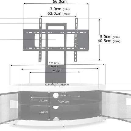 Centurion Supports PANGEA Gloss White Beam-Thru Curved True-Corner 32"-50" TV Cabinet with Mounting Arm