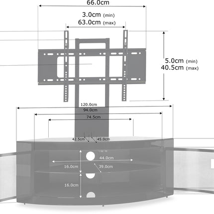 Centurion Supports PANGEA Gloss Black Beam-Thru Curved True-Corner 32"-50" TV Cabinet with Mounting Arm