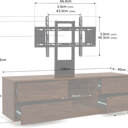 Centurion Supports Avitus Walnut with 4-Black Drawers and 3-Shelves up to 65" LED, LCD, Plasma TV Stand with Mounting Arm