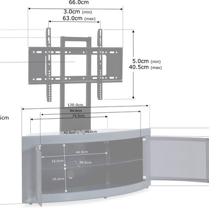 Centurion Supports PANGEA Grey Beam-Thru Curved True-Corner 32"-50" TV Cabinet with Mounting Arm