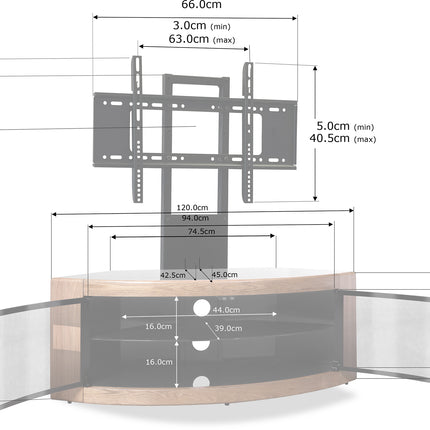 Centurion Supports PANGEA Black/Oak Beam-Thru Curved True-Corner 32"-50" TV Cabinet with Mounting Arm