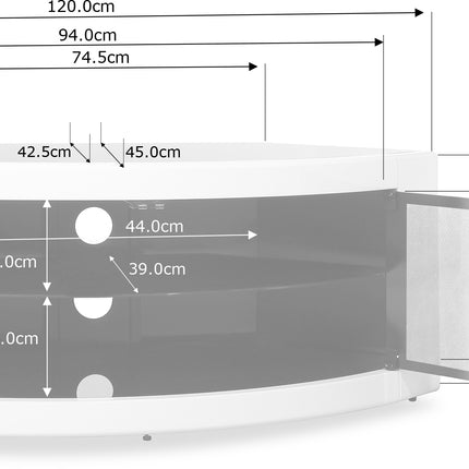 Centurion Supports PANGEA Gloss White Beam-Thru White Glass Curved Tru-Corner 32"-50" TV Cabinet