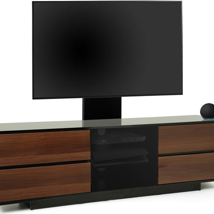 Centurion Supports AVITUS ULTRA Gloss Black Remote Friendly BeamThru Door with 4-Walnut Drawers up to 65" Flat Screen TV Cabinet with Mounting Arm