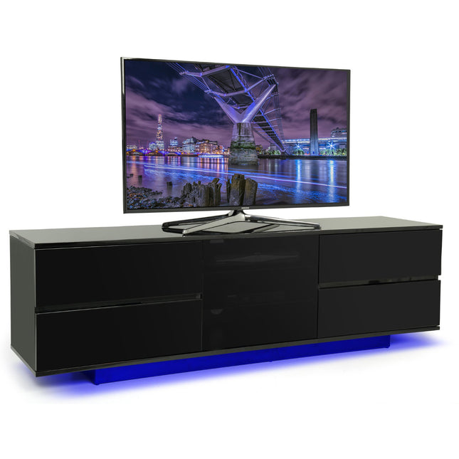 Centurion Supports Avitus ULTRA Remote Friendly Beam-Thru Gloss Black with 4-Black Drawers 32"-65" LED/OLED/LCD TV Cabinet with 16 colour LED Lights