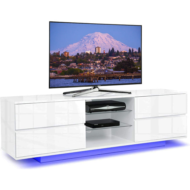 Centurion Supports Avitus Premium High Gloss White with 4-White Drawers and 3-Shelf 32"-65" LED/OLED/LCD TV Cabinet with 16 colour LED Lights