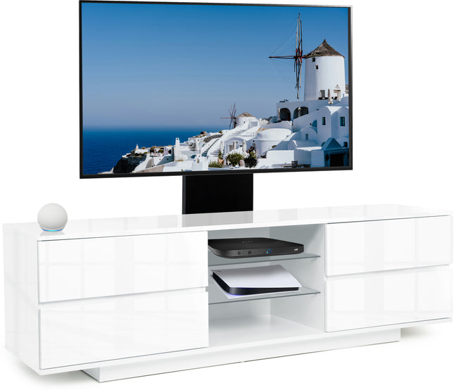 Centurion Supports Avitus Gloss White with 4-White Drawers and 3-Shelves up to 65" LED, LCD, Plasma TV Stand with Mounting Arm