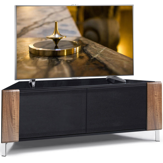 MDA Designs CORVUS Corner-Friendly Gloss Black Contemporary Cabinet with Walnut Profiles Black BeamThru Glass Doors Suitable for Flat Screen TVs up to 50"