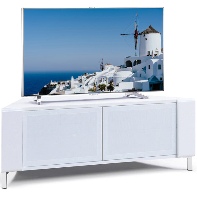 MDA Designs CORVUS Corner-Friendly Gloss White Contemporary Cabinet with White Profiles White BeamThru Glass Doors Suitable for Flat Screen TVs up to 50"