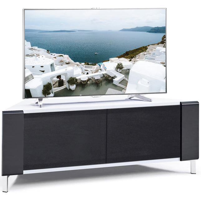 MDA Designs CORVUS Corner-Friendly Gloss White Contemporary Cabinet with Black Profiles Black BeamThru Glass Doors Suitable for Flat Screen TVs up to 50"