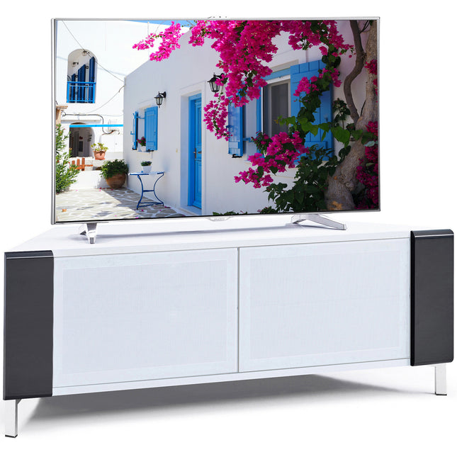 MDA Designs CORVUS Corner-Friendly Gloss White Contemporary Cabinet with Black Profiles White BeamThru Glass Doors Suitable for Flat Screen TVs up to 50"