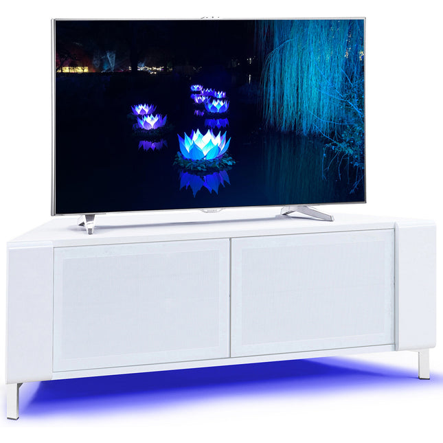 MDA Designs CORVUS Corner-Friendly Gloss White Contemporary Cabinet with White Side Profiles White BeamThru Glass Doors Suitable for Flat Screen TVs up to 50" with 16 Colour LED Lights