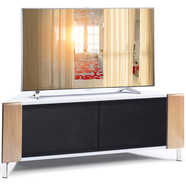 MDA Designs CORVUS Corner-Friendly Gloss White Contemporary Cabinet with Oak Profiles Black BeamThru Glass Doors Suitable for Flat Screen TVs up to 50"