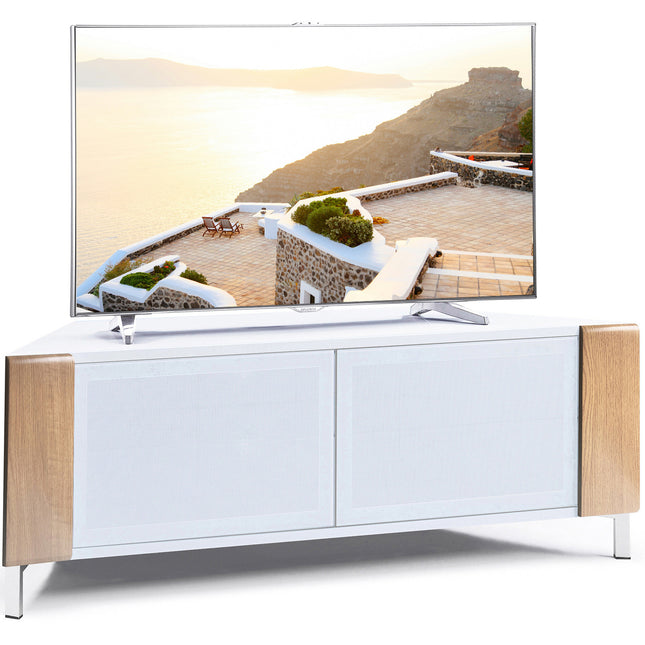 MDA Designs CORVUS Corner-Friendly Gloss White Contemporary Cabinet with Oak Profiles White BeamThru Glass Doors Suitable for Flat Screen TVs up to 50"