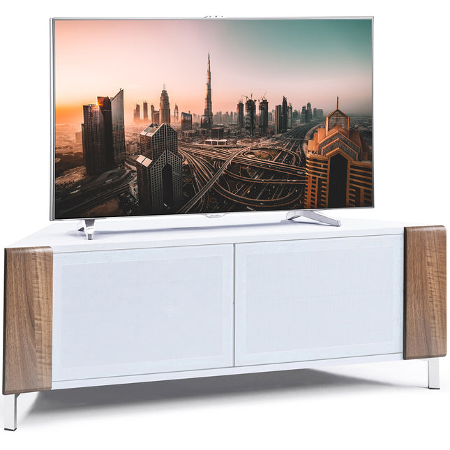 MDA Designs CORVUS Corner-Friendly Gloss White Contemporary Cabinet with Walnut Profiles White BeamThru Glass Doors Suitable for Flat Screen TVs up to 50"