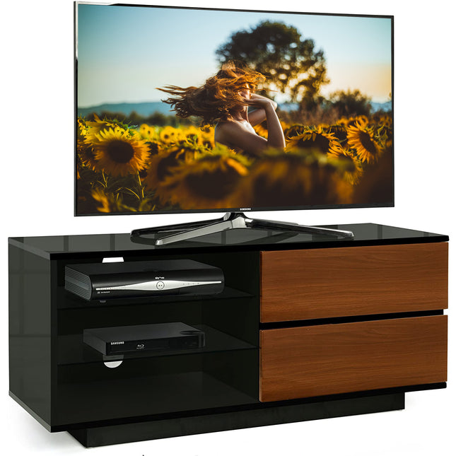 Centurion Supports Gallus Gloss Black with 2-Walnut Drawers and 3-Shelf 32"-55" LED/LCD/Plasma Cabinet TV Stand