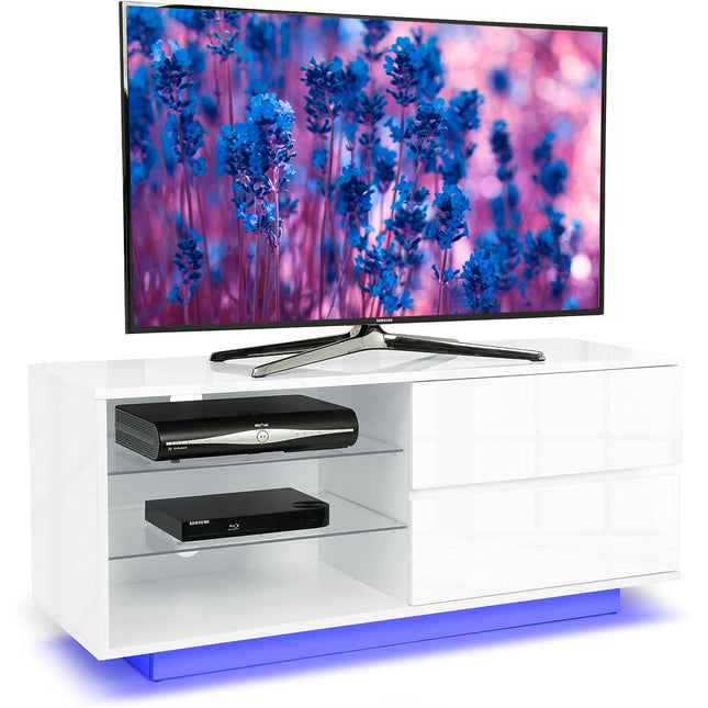 Centurion Supports Gallus Premium High Gloss White with 2-White Drawers and 3-Shelf 32"-55" LED/OLED/LCD TV Cabinet with 16 colour LED Lights