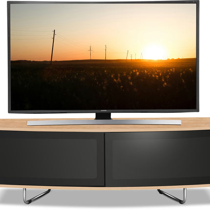 Centurion Supports Caru Gloss Black and Oak Beam-Thru Remote Friendly Super-Contemporary "D" Shape Design 32"-65" LED/OLED/LCD TV Cabinet - Grade A