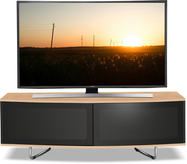 Centurion Supports Caru Gloss Black and Oak Beam-Thru Remote Friendly Super-Contemporary "D" Shape Design 32"-65" LED/OLED/LCD TV Cabinet - Grade A