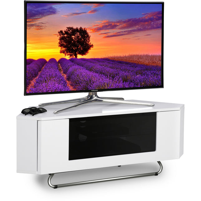 Centurion Supports Hampshire Corner-Friendly Gloss White with Black Contrast Beam-Thru Remote Friendly Door 26"-50" Flat Screen TV Cabinet