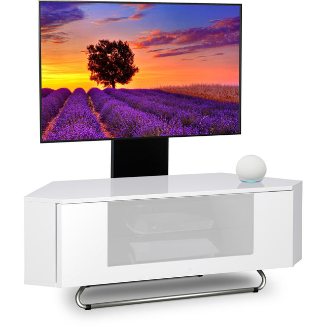 Centurion Supports Hampshire Corner-Friendly Gloss White with White Beam-Thru Remote Friendly Door 26"-50" Flat Screen TV Cabinet with Mounting Arm